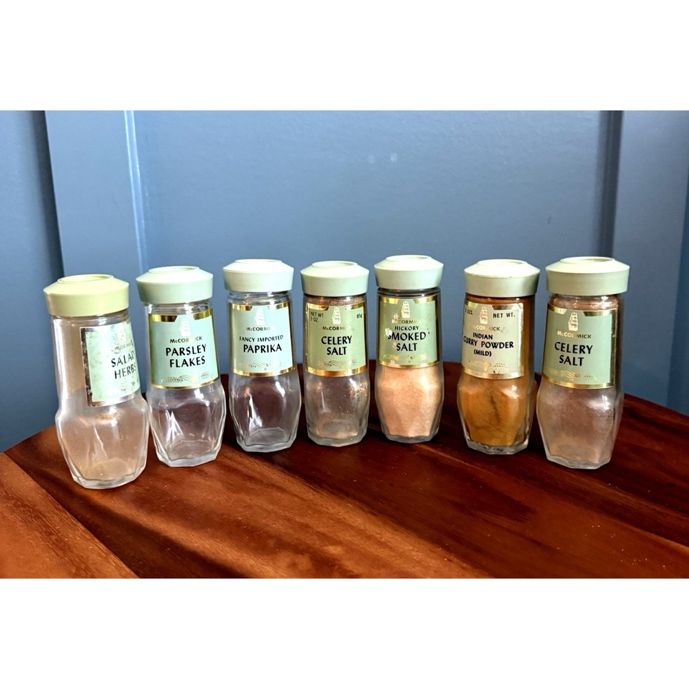 Lot of 7 Vintage‎ MCCORMICK Spice Jars  Ship Logo Green Top Empty Decor Only